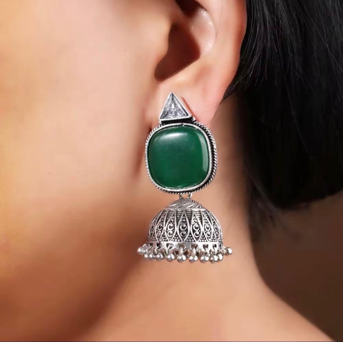 Monalisa Stone Vintage Antique Silver & Gold Plated Earrings
