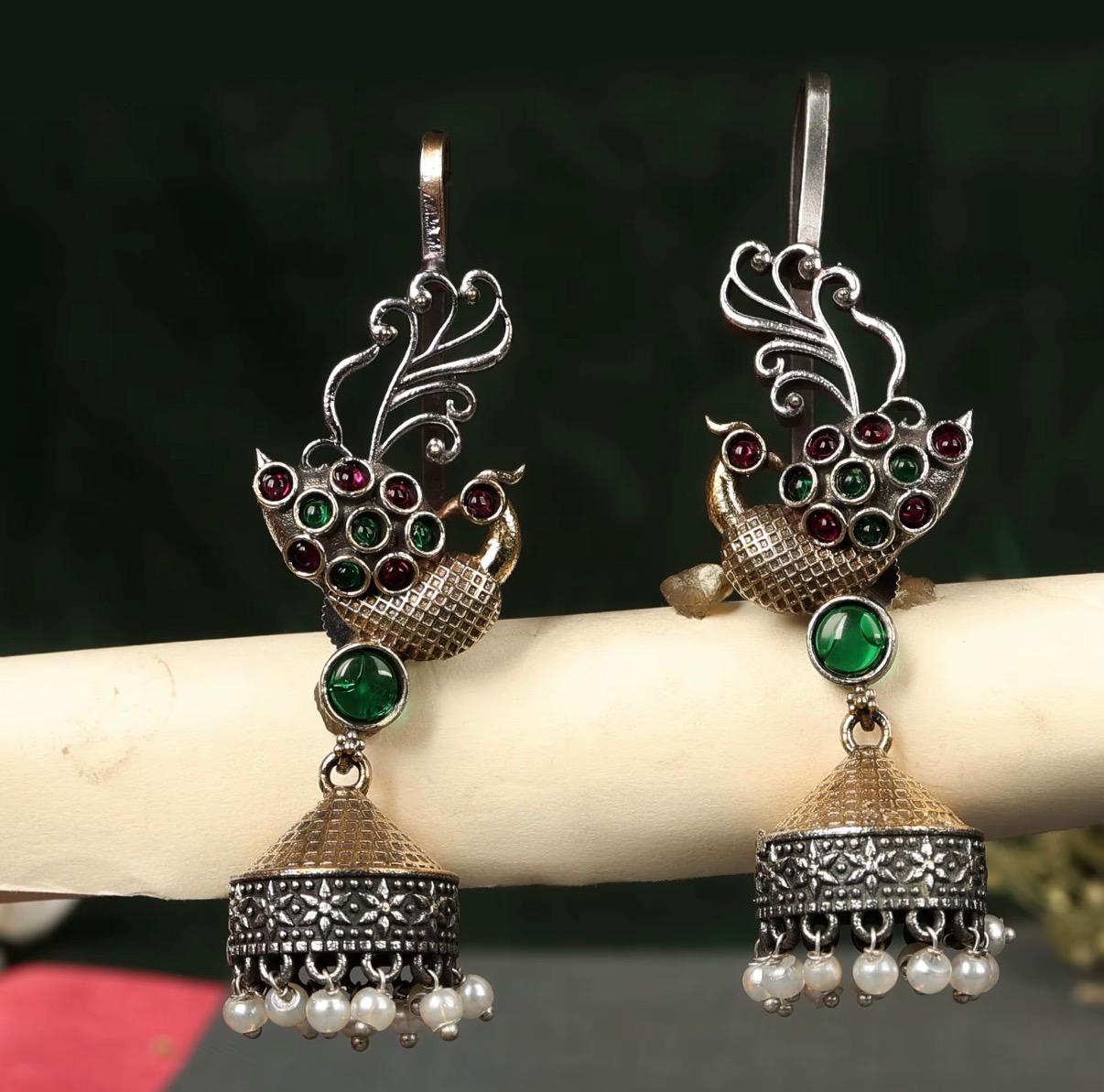 Oxidized Peacock Drop Earrings