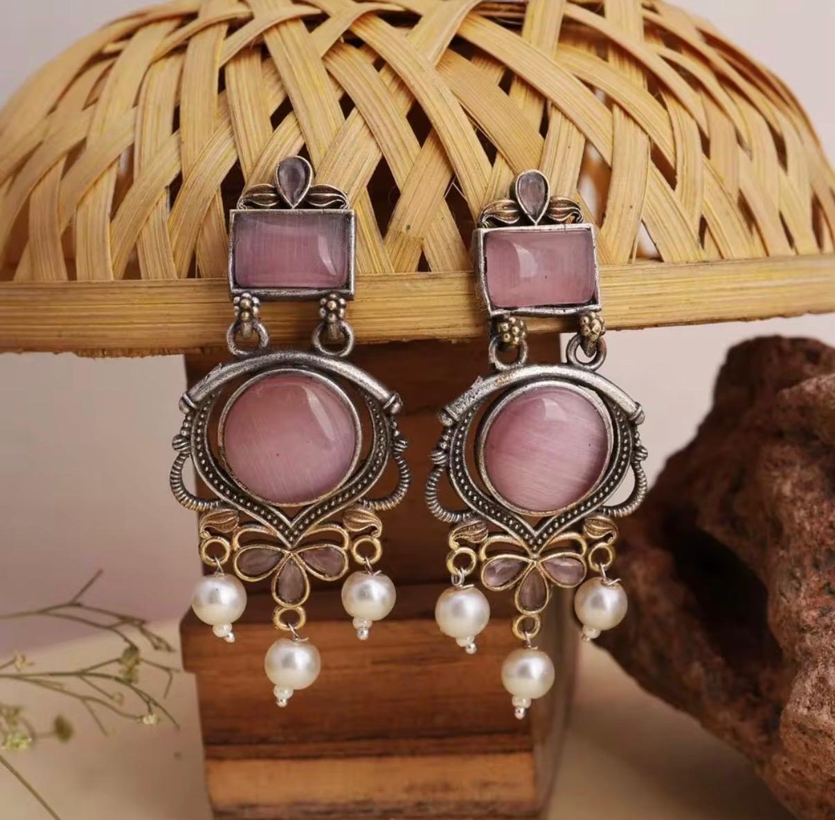 Oxidized Silver Antique Brass Zicron Pear Cut Monalisa Charm Earrings