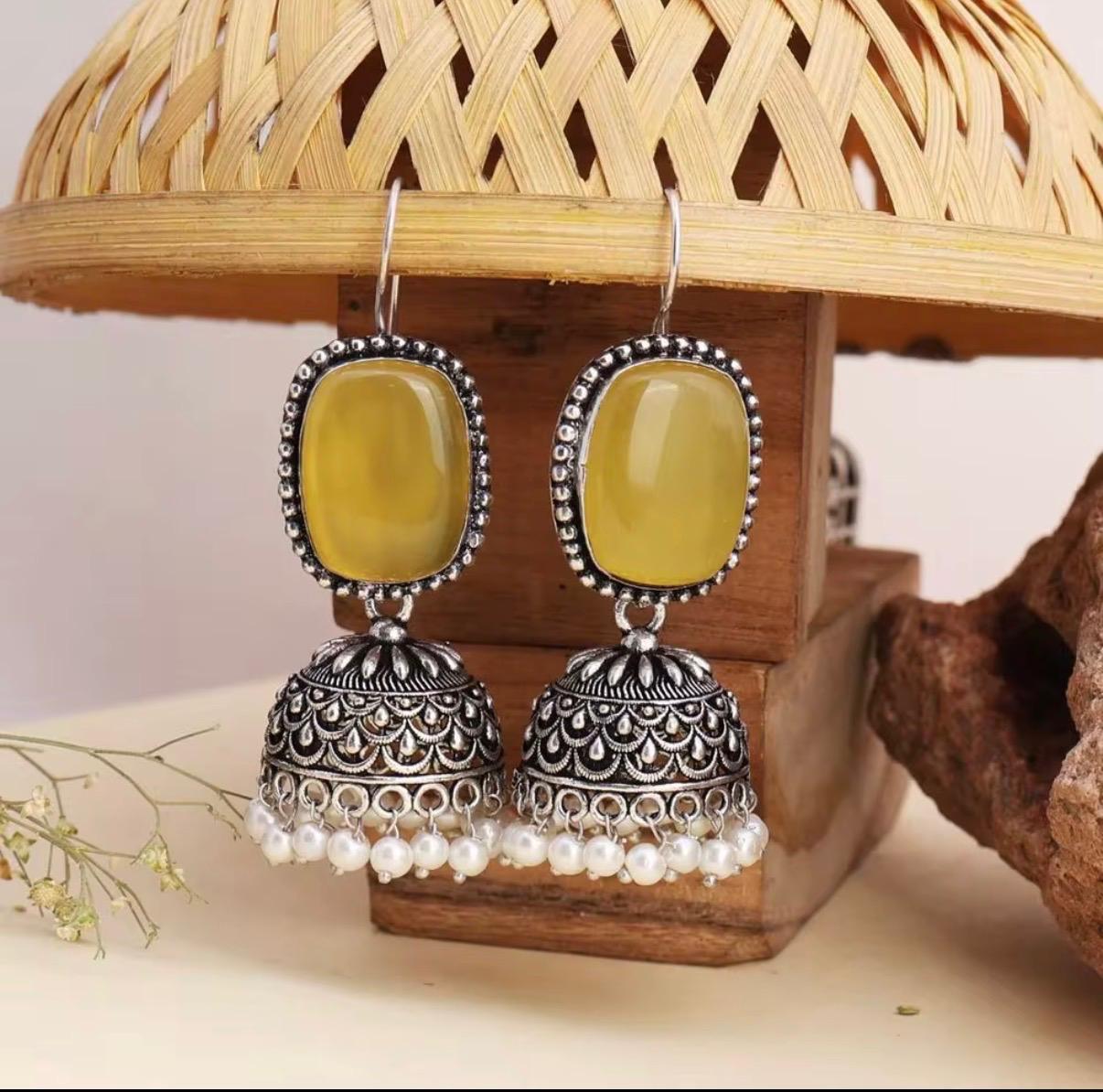 Oxidized Silver Chandelier Jhumka w/Bezel Setting Zicron Brass
