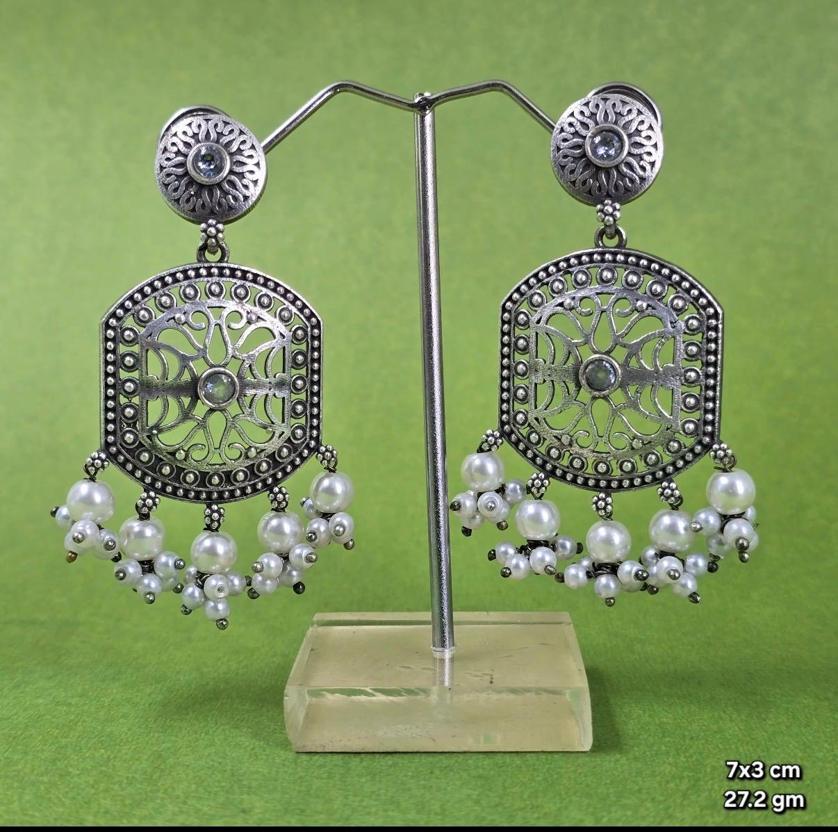 Oxidized Silver Ethnic Flower Wedding Dangle Earrings
