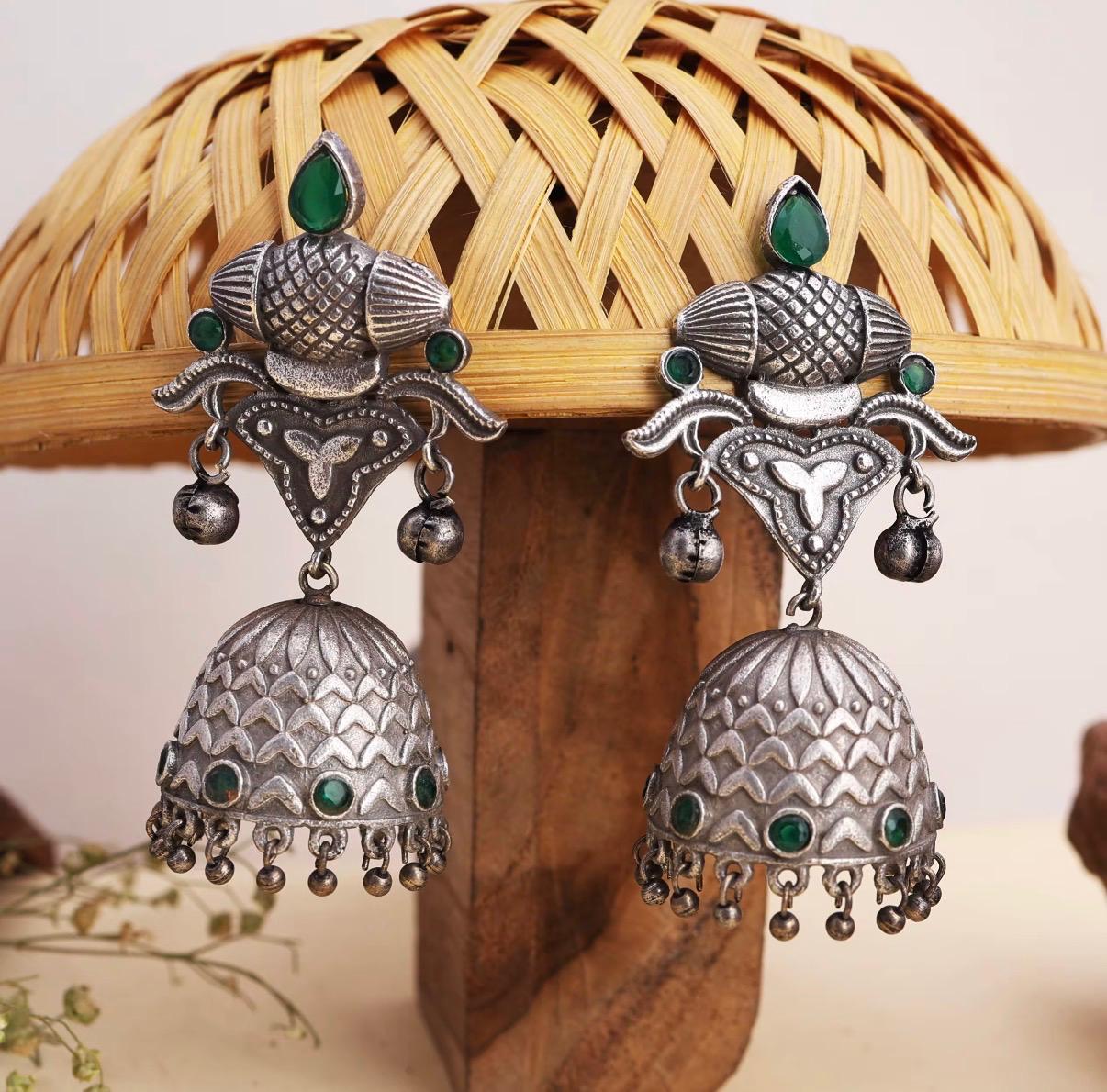 Oxidized Silver Earrings w/Green Stones