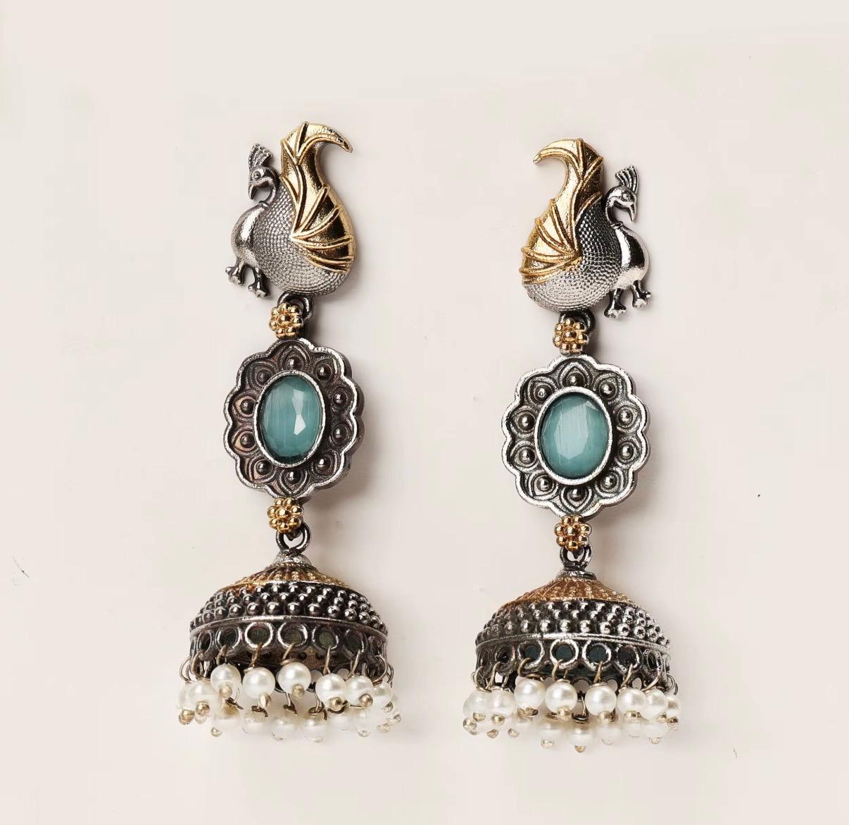 Two Tone Flower Shape Brass Oxidized Silver Plated Peacock Earrings